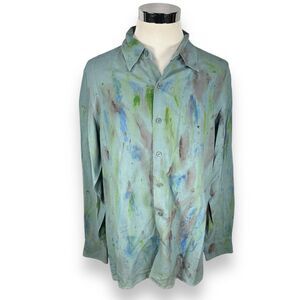 Tulliano Paint Splatter Print Sport Shirt Men's Large Silk‎ Linen Button Up Blue